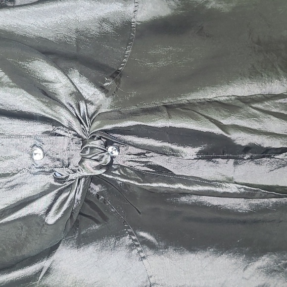 Metallic Blouse Shacket Long Sleeve Satin Tie Crystal Collar Buttons Whimsigoth - Picture 3 of 7